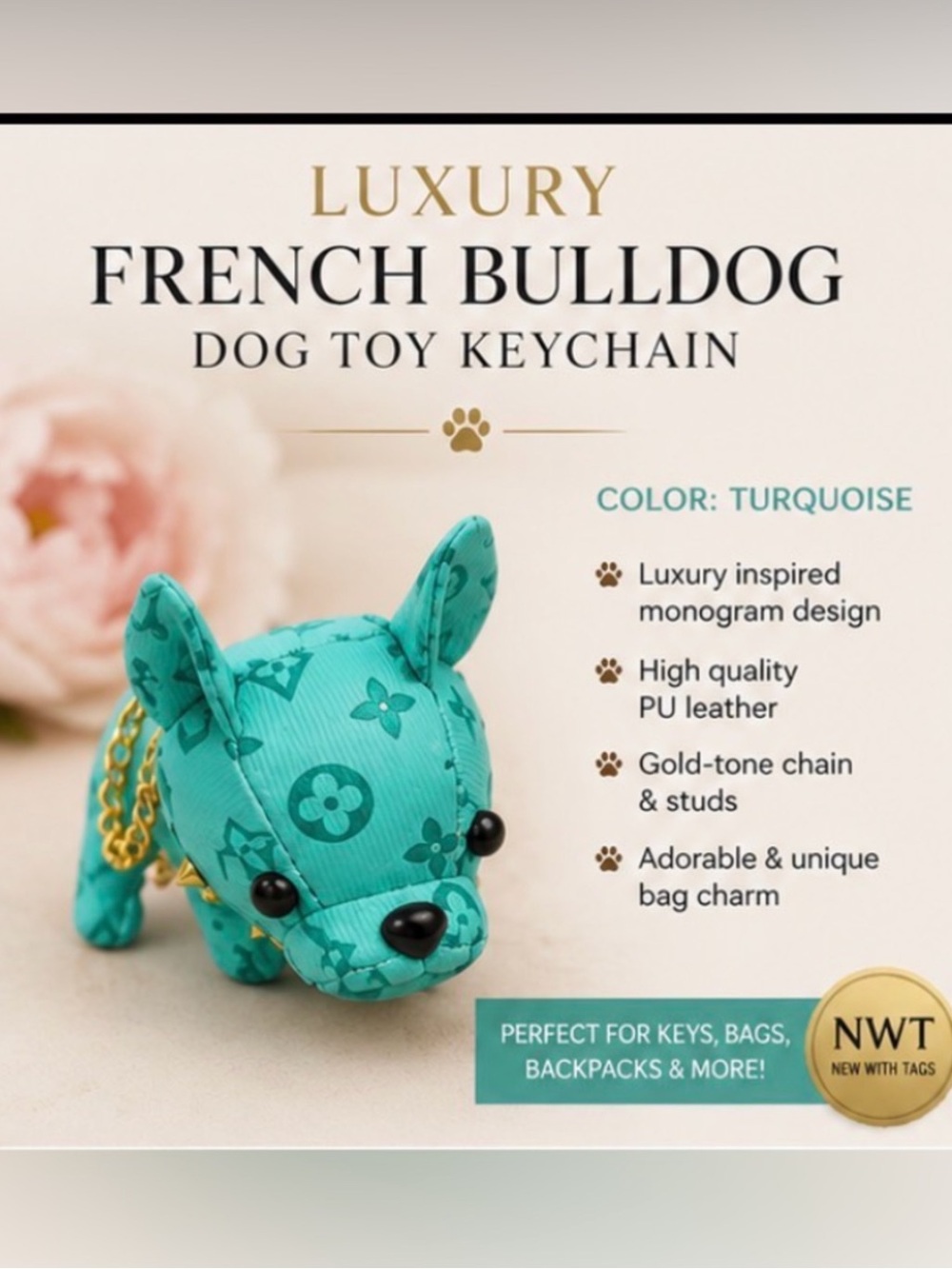 Epi Leather Designer-Style French Bull Dog Bag Charm Keychain